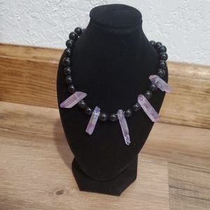 Handmade Onxy and Amethyst Crystal Necklace